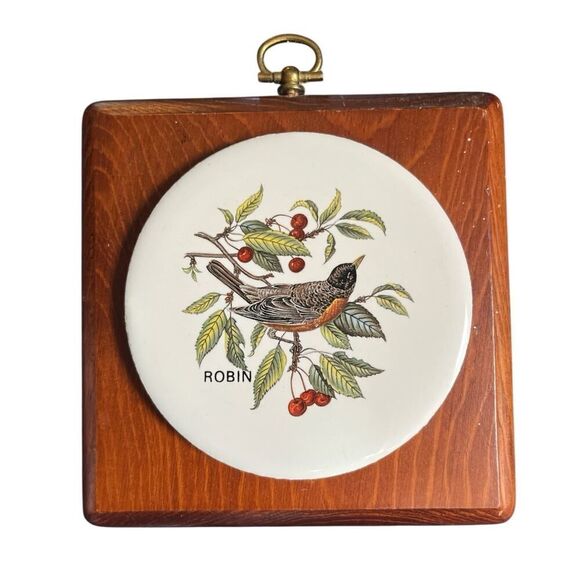 Wood Framed Ceramic Tile Trivets Blue Jay & Robin Pattern Vintage Pair Cottage - Picture 2 of 4